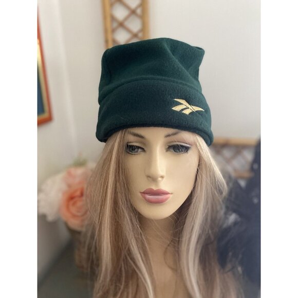 Vintage Reebok OSFA Cuffless Green Unisex Hat Beanie One Size Gold Logo EUC - Picture 15 of 16